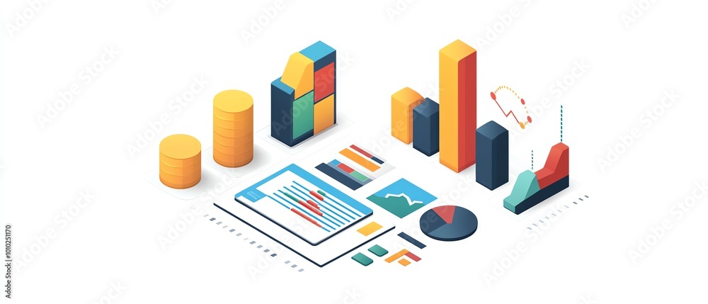 Poster isometric view of a business presentation data report, isolated on white background, clean and profe