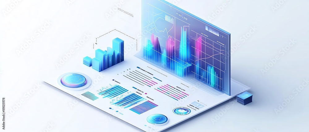 Aufkleber Isometric view of a business presentation data report, isolated on white background, clean and professional design, charts and graphs