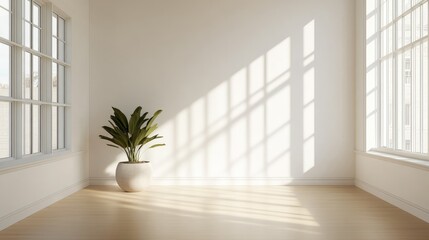 Minimalist Room with a Potted Plant and Sunlight Streaming Through Windows