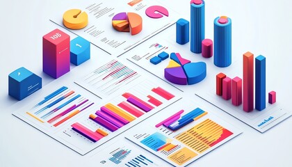 Professional business presentation report, isometric view, white background, detailed illustration of data with charts and graphs