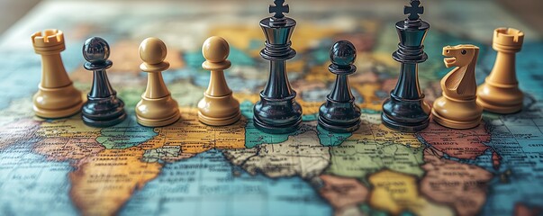 Geopolitical concept art with chess pieces on a global map, showcasing strategic discussions and movements across countries and continents