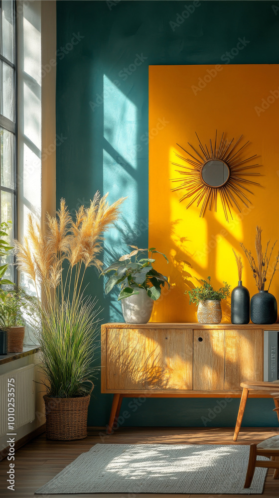 Wall mural Bright living room with teal and yellow walls, a wooden cabinet, and plants.