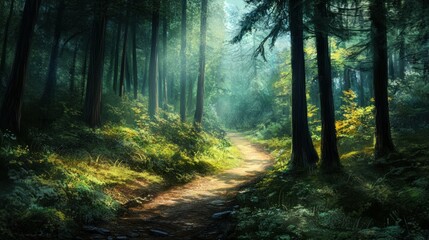 Obraz premium A Sunlit Path Through a Deep, Green Forest