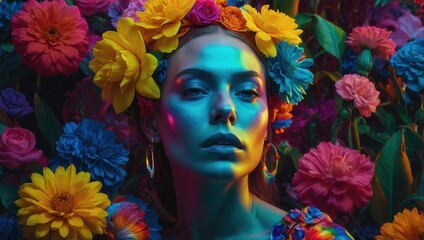Naklejka premium Woman with colorful floral headpiece and dramatic makeup in vibrant portrait