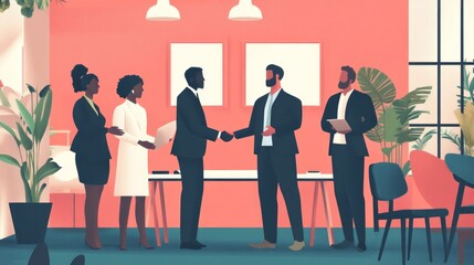 A diverse group of business professionals shaking hands in a corporate meeting room. 