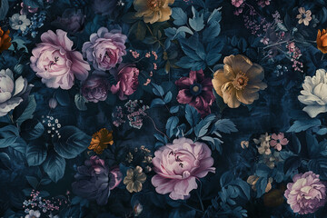 Fototapeta premium Seamless wallpaper, victorian style wallpaper with dark background, rich colors and peonies, roses, gardenias