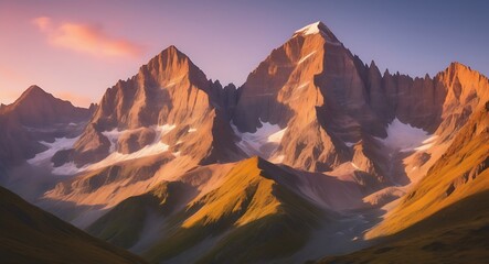 Naklejka premium A majestic mountain peaks at dawn, bathed in warm golden light as the sunrise casts a gentle glow on its rugged terrain. The sky is painted with hues of pink and orange, gradually brightening to revea