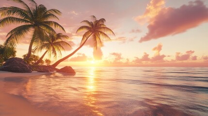 Beautiful sunset over a tropical beach with palm trees swaying in the breeze.