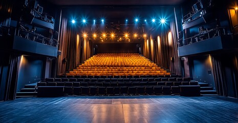 Empty Theater Stage with Lights and Seating