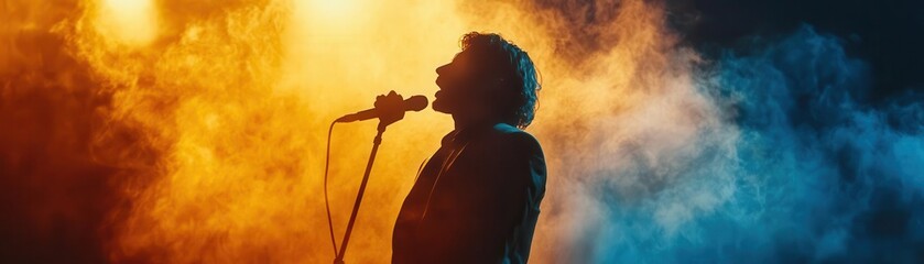 Silhouette of a singer performing on stage with vibrant colorful lights and smoke effects, capturing the energy of live music.