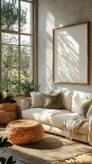 Fototapeta premium Cozy living room with a white couch, wicker ottomans, and a large framed print.