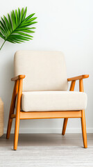 Fototapeta premium Beige armchair with wooden legs in a modern living room.