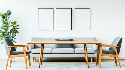 Modern living room interior with a gray couch, a wooden table, and chairs