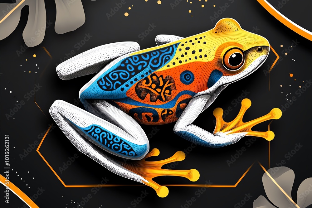 Poster simple line art of a tropical frog, with bold colors representing the vibrant patterns on its body, 
