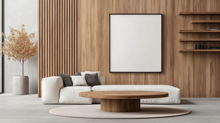 Modern living room with a white sofa and a wooden coffee table.