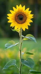 Fototapeta premium A bright sunflower blooming in a green field during sunny day