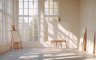 A bright, minimalistic art studio featuring easels and blank canvases, perfect for creative expression.