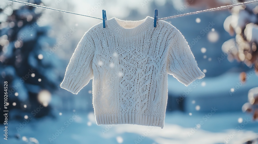 Poster Generative AI Image of Warm Sweater Hanging on Snowy Clothes Line at Winter Snowfall Season