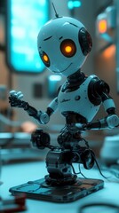 Fototapeta premium Futuristic robot with glowing eyes in a high-tech laboratory setting