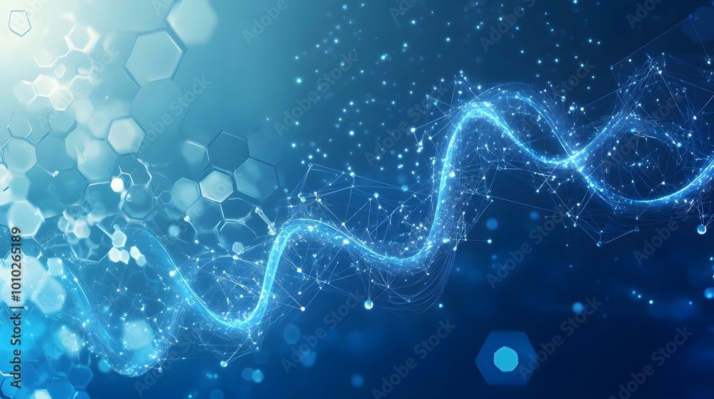 Poster abstract blue swirling line of connected dots and lines with hexagonal background