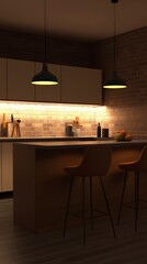 Modern kitchen with warm lighting and stylish bar stools at night