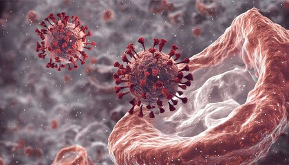 Micrograph of a virus attacking a healthy immune system cell. Stem cells, immunology, and longevity research.