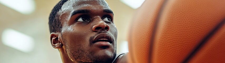 Close-up of a Sweaty Basketball Player's Face with a Basketball in the Foreground