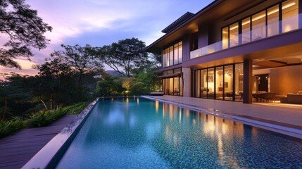 Fototapeta premium Luxury residence with an elegant swimming pool at dusk, clear windows reveal warmly lit interiors. Modern architectural design and serene poolside vibe.