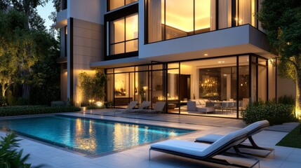 Fototapeta premium Modern home with private swimming pool, large glowing windows showcasing sophisticated interiors at dusk. Elegant and tranquil outdoor setting.