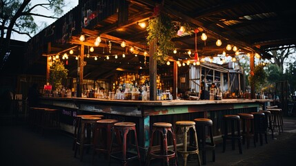 Fototapeta premium Rustic Bar Under Twinkling Lights, with a Wooden Countertop and Stools, Inviting Patrons to Enjoy the Ambiance