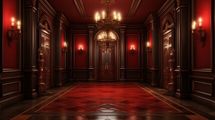 Obraz premium Intricate Woodwork and Ornate Gold Accents Adorn a Grand Hallway with a Crimson Carpet and a Majestic Chandelier