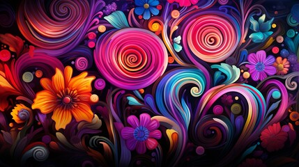 Fototapeta premium A Vibrant Tapestry of Swirling Hues and Floral Delights, Intertwined in an Abstract Symphony of Color and Form