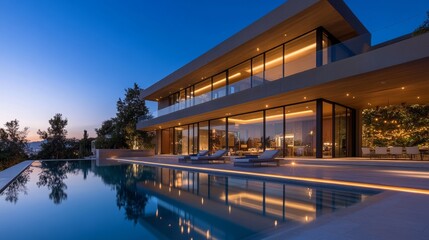 Fototapeta premium Modern villa with an inviting swimming pool at dusk, large floor-to-ceiling windows glowing warmly. Sleek, minimalist exterior and sparkling pool lights.