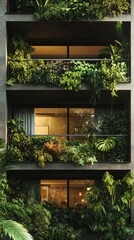 Fototapeta premium Lush vertical garden on modern apartment building with abundant greenery