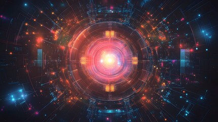 Abstract Neon Glowing Circular Pattern with Lines and Points