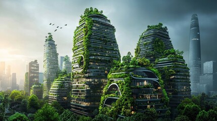 Obraz premium A green business summit in a futuristic city made entirely of plants