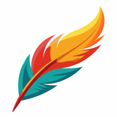 A vibrant, colorful feather with a gradient of red, yellow, and teal hues. The feather is smooth with curved edges, showing light reflections for a glossy effect. It has soft shading and a clean, simp