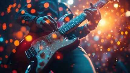 Obraz premium A vibrant close-up of an electric guitar in action, illuminated by colorful stage lights, capturing the energy of a live performance.