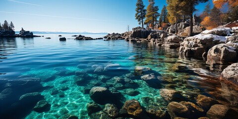 Obraz premium A Serene Lake, Crystal Clear Waters Reflecting the Sky and Rocky Shore, Sunlit and Sparkly, Peaceful and Tranquil