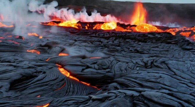Capture the slow formation of hexagonal basalt lava columns at a remote volcanic site, showing the geometric beauty created by natural forces.
