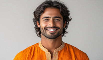 Obraz premium Handsome Indian man in traditional clothes smiling against white background, ideal for cultural events and festive promotions