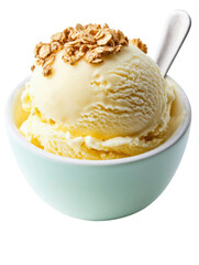 Creamy ice cream scoop topped with crunchy granola in pastel bowl, perfect for delightful treat. Enjoy sweet and satisfying flavors!