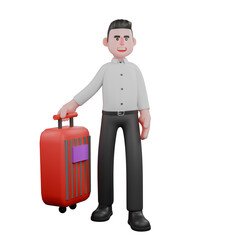 Corporate Strategy Expert in 3D. A male businessman stands next to a red suitcase with his right hand holding the suitcase. Cartoon Businessman