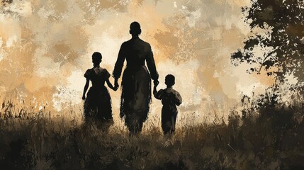 Historical illustration or reenactment of a freed slave family walking toward a new life, with hope on their faces.