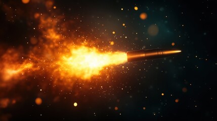Rocket with flames and sparks on a dark background, dynamic motion effect.