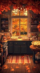Warm autumn kitchen scene with homemade pies and colorful leaves