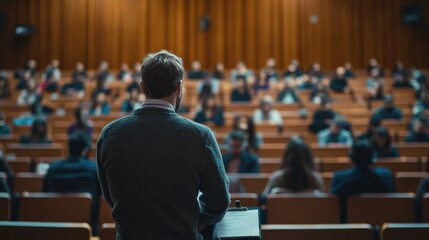 University professor teaching in a lecture hall, with a focus on an inspiring quote about academic freedom.