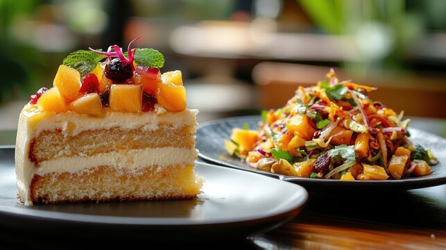 A close-up of a slice of banana cake topped with fresh fruits, alongside a vibrant Thai papaya salad, emphasizing the colorful presentation of the dishes.