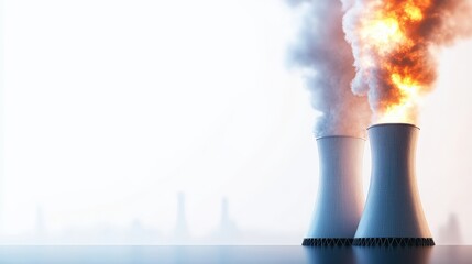 Nuclear power plant cooling towers emitting smoke against white background.