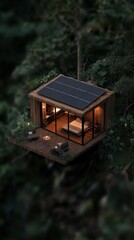 Naklejka premium Modern tiny house in forest with solar panels and open design
